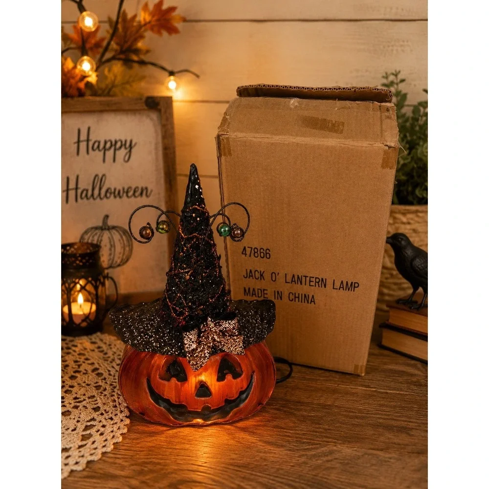 Vintage Style Jack O' Lantern Witch Hat Lighted Halloween Lamp Whimsigoth Decor